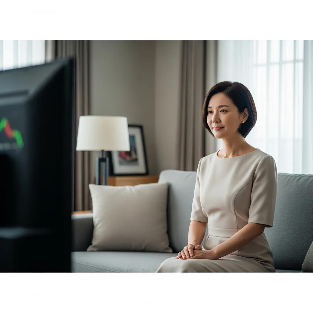 TV를 보며 주가 설명을 듣고 있는 모습