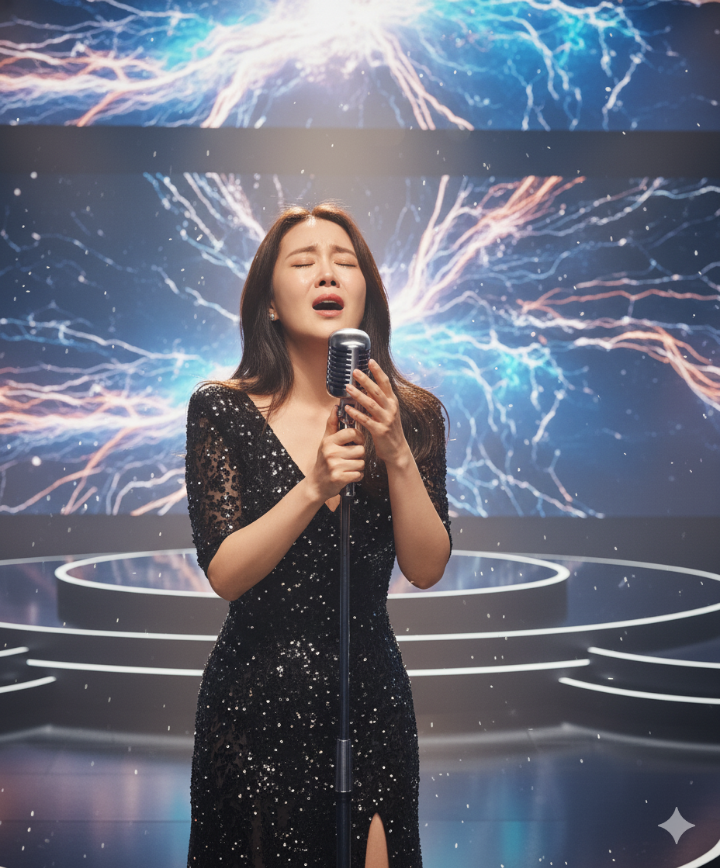 백지영이 발라드를 부르며 감정에 몰입하는 클로즈업 사진