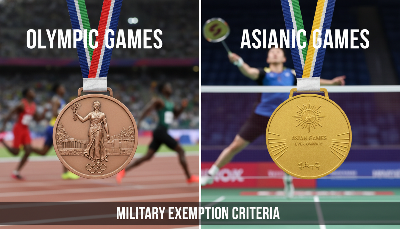 올림픽 동메달과 아시안게임 금메달이 나란히 놓여 있는 모습으로, 병역 특례 기준을 상징함.