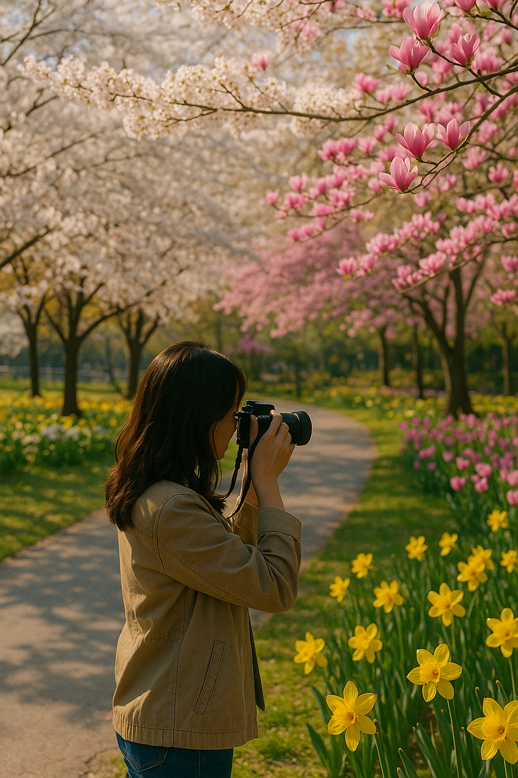 봄꽃이 만개한 공원에서 사진 찍는 장면