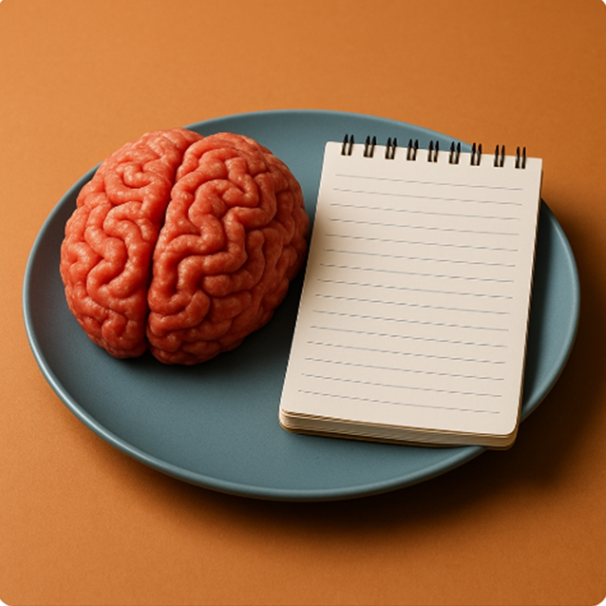 푸른 접시에 올려진 고기 질감의 뇌와 빈 공책. 단백질이 뇌 기능과 감정 균형에 미치는 영향을 상징하는 초현실적 이미지.