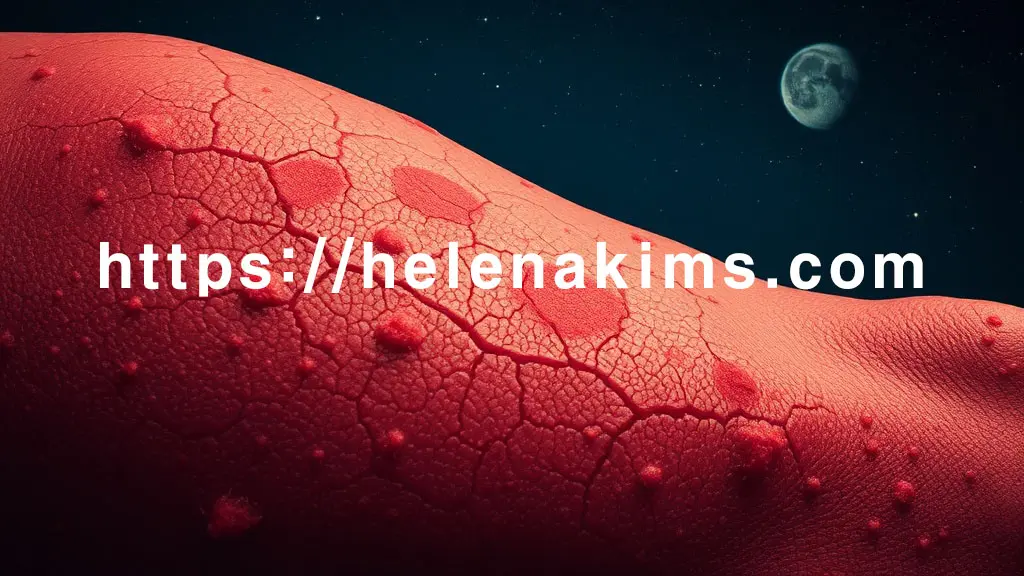 극심한 가려움으로 붉게 달아오르고 각질이 일어난 피부, 피부 곳곳에 미세하게 갈라진 균열이 보이며, 특정 부위는 두껍고 거칠게 변한 피부 이미지.