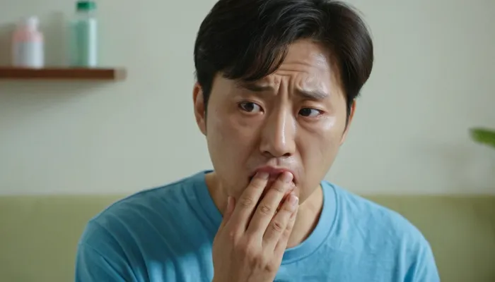 잇몸 염증으로 볼을 만지며 불편해하는 모습