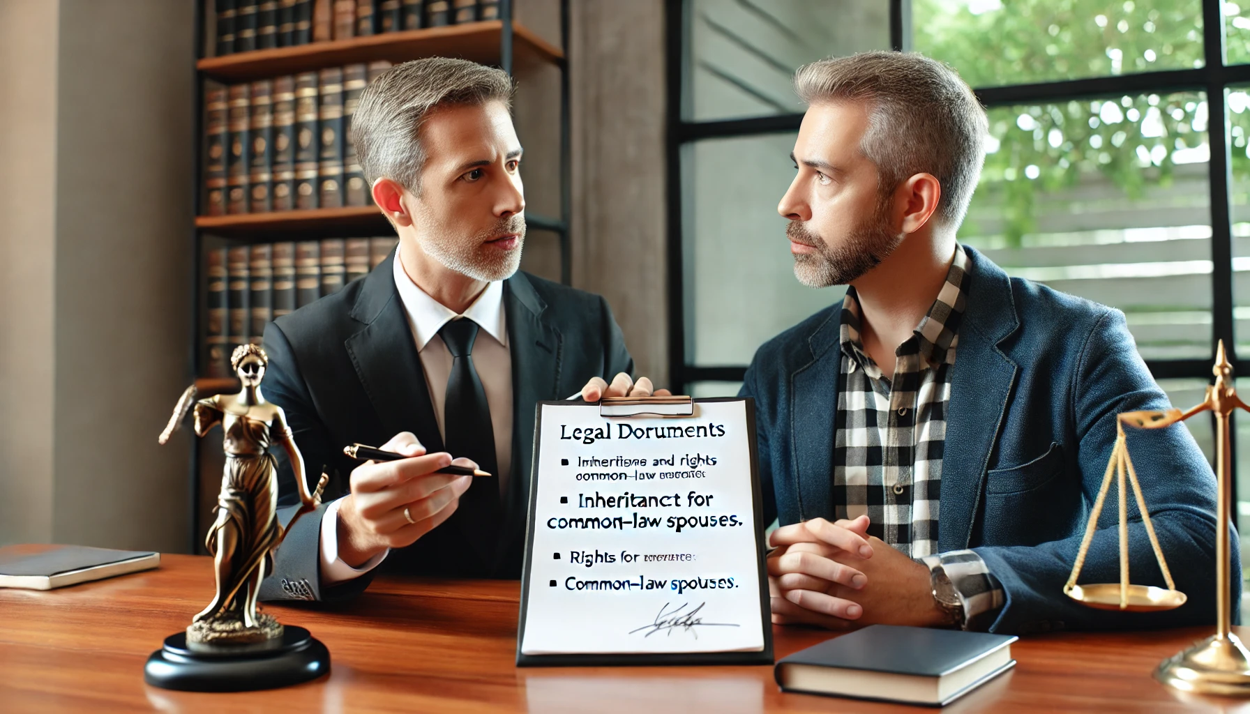 법무사무소에서 변호사가 중년 남성에게 법적 문서를 설명하고 있으며, 상속과 사실혼 배우자의 권리에 중점을 두고 이러한 관계의 법적 복잡성을 묘사합니다.