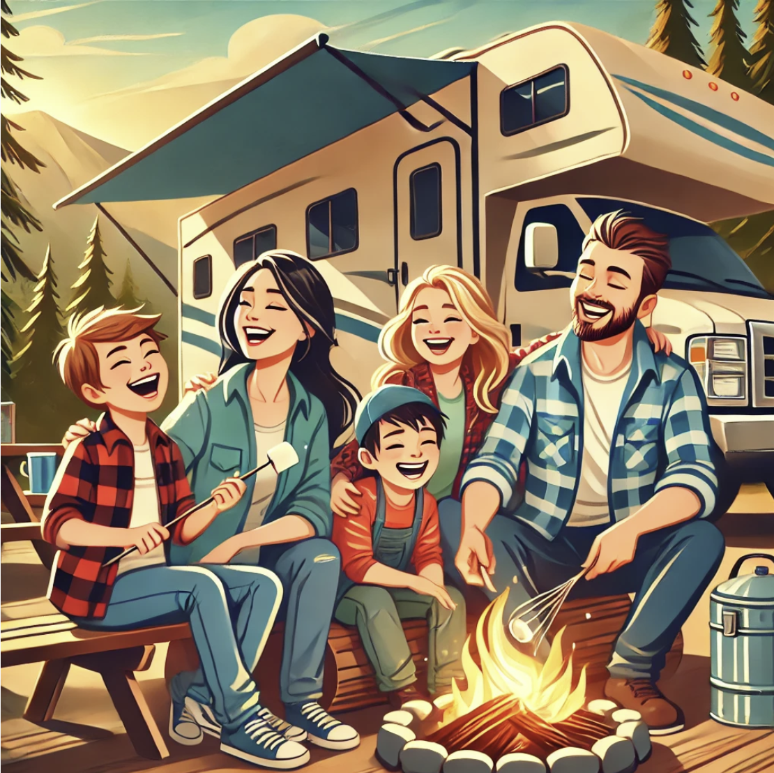 아이와 캠핑카 여행하는 모습이 담긴 그림