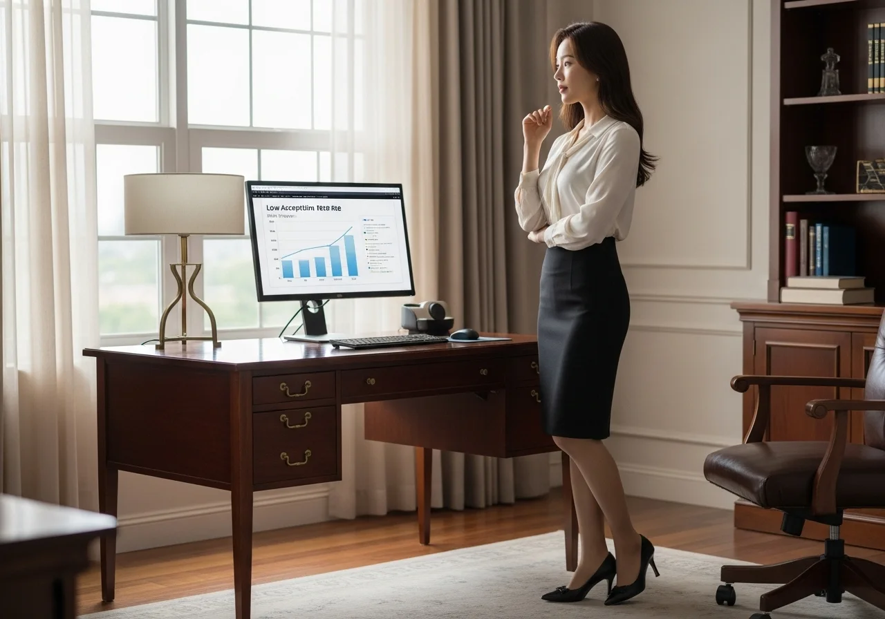 클래식한 서재의 대형 모니터 앞에서 캐나다 워홀의 낮은 합격률 데이터를 차분하게 분석하고 있는 모습