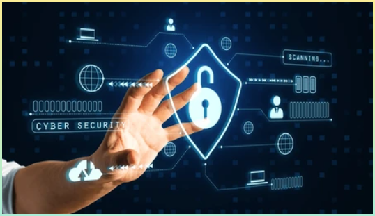 데이터 보호 및 온라인 안전을 나타내는 아이콘과 함께 홀로그래픽 사이버 보안 인터페이스와 손 상호 작용. 어두운 디지털 배경. 인터넷 개인 정보 보호 및 보안의 개념