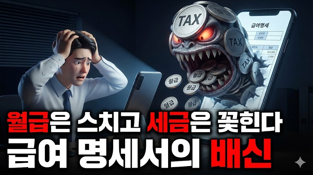 월급 명세서를 보고 절망하는 직장인과 세금을 몬스터로 표현한 일러스트
