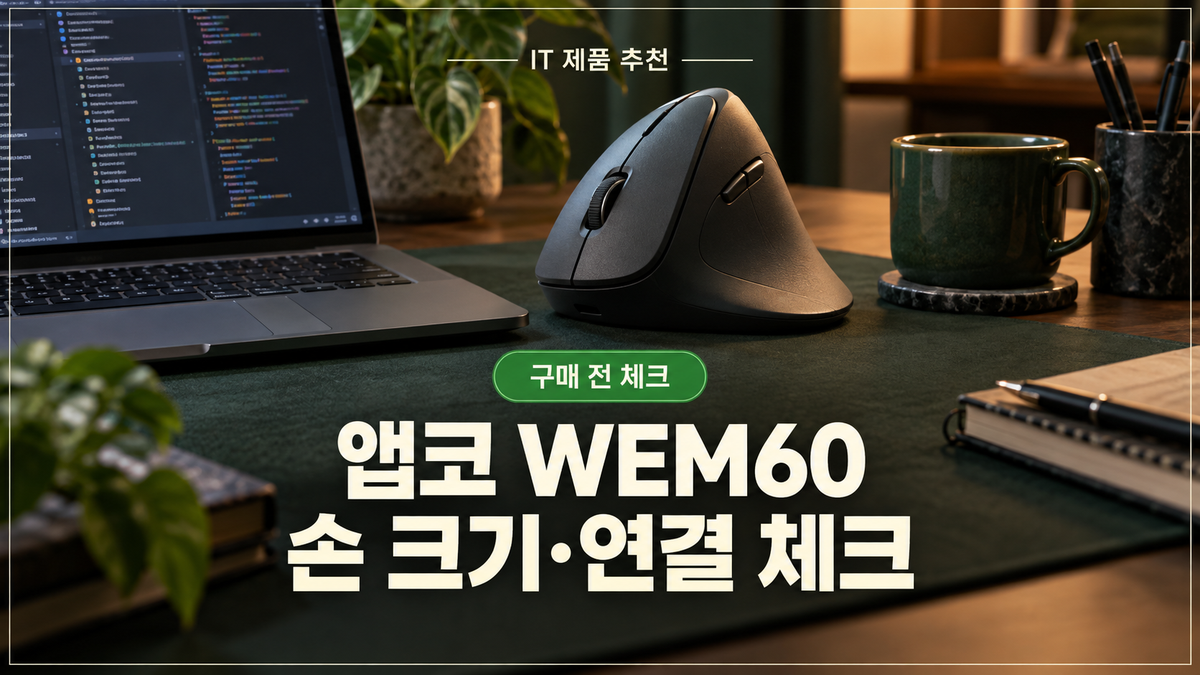 대표 이미지: 앱코 WEM60 구매 기준을 보여 주는 원격 업무 공간의 버티컬 마우스