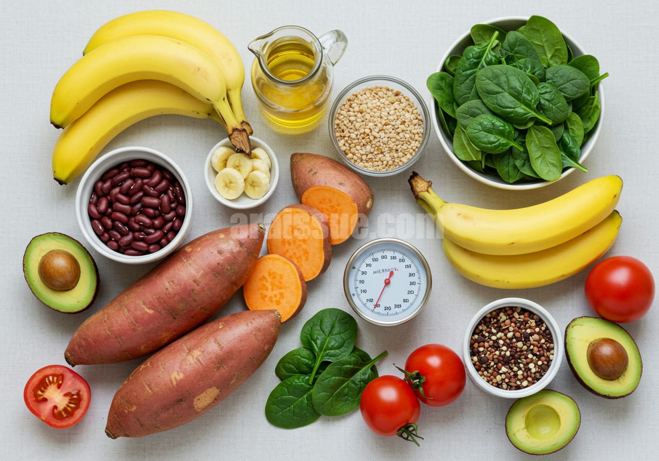 칼륨이 풍부한 식품과 저지방, 고섬유질 식사가 포함된 건강한 식사 테이블.