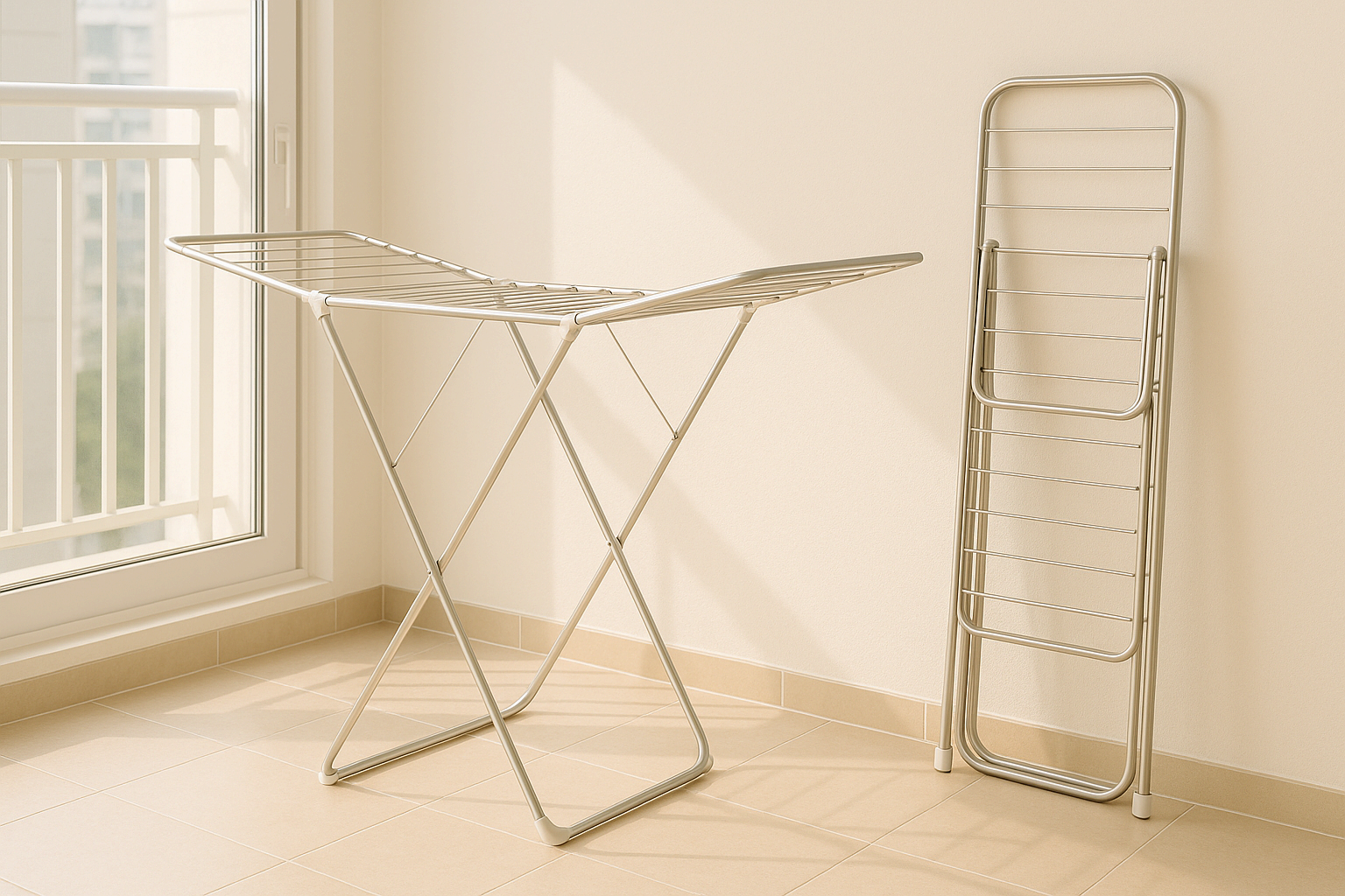 접이식 행거로 정리된 베란다