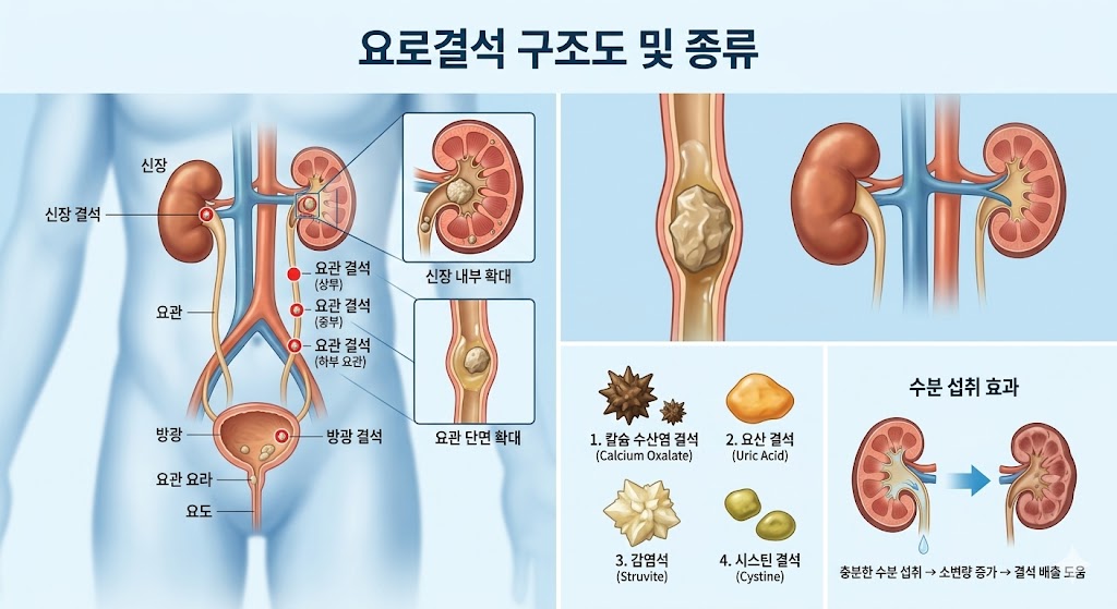 요로결석의 주요 장기(신장, 요관, 방광, 요도) 구조와 4가지 주요 결석 종류 및 충분한 수분 섭취를 통한 자연 배출 원리를 설명하는 전문 인포그래픽 구조도