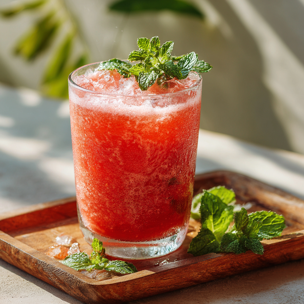 민트로 장식된 시원한 수박 스무디 한 잔