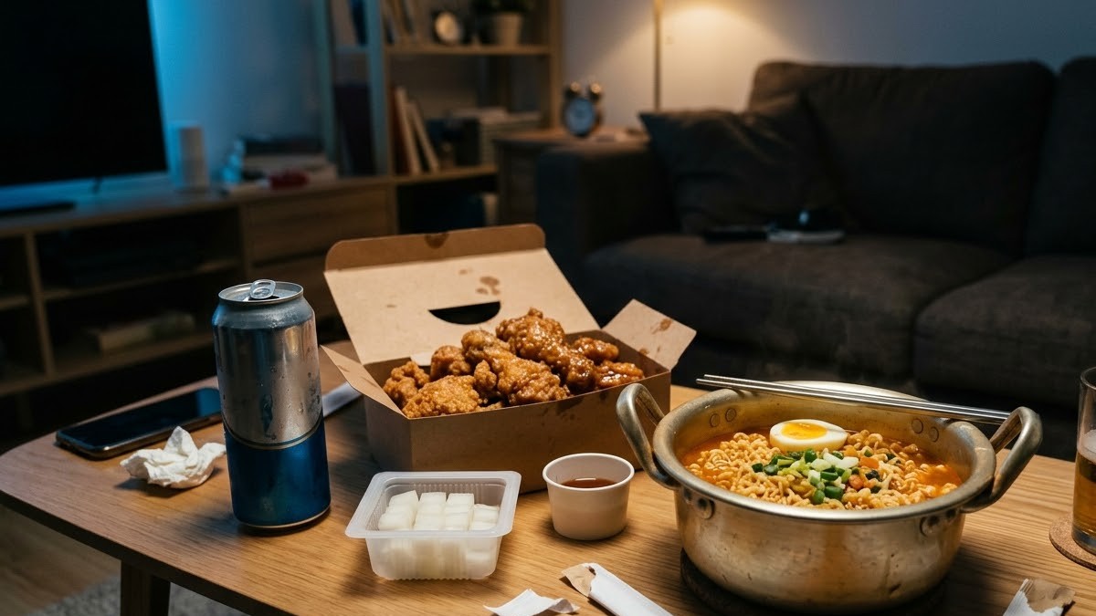 늦은 밤 거실 탁자 위에 놓인 치킨과 맥주, 라면 야식
