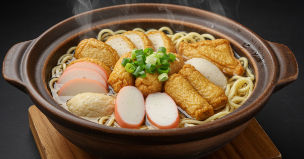 국수 위로 다양한 어묵이 놓여 있다.