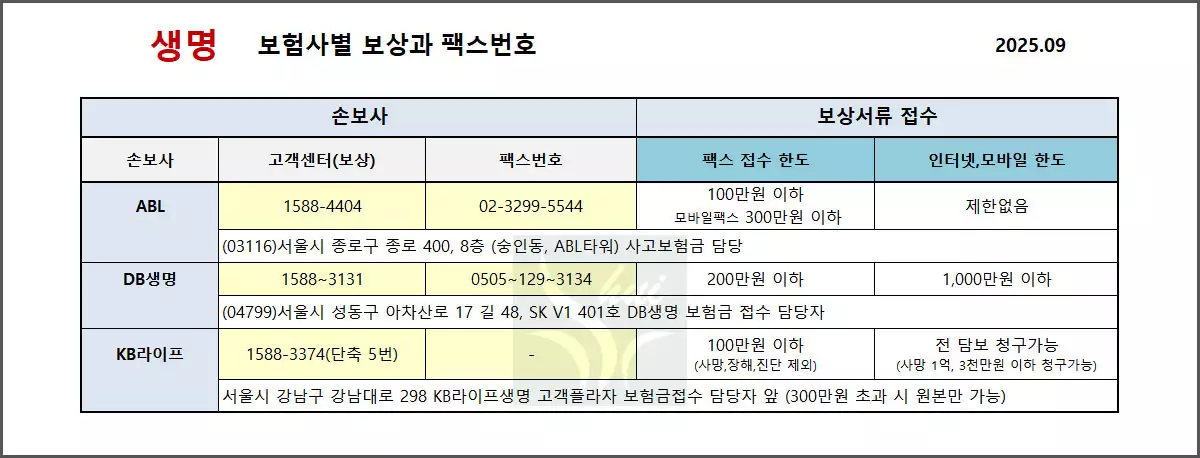 생보사 보상과 고객센터, 팩스, 주소, 접수한도 정리 (ABL,DB,KB)