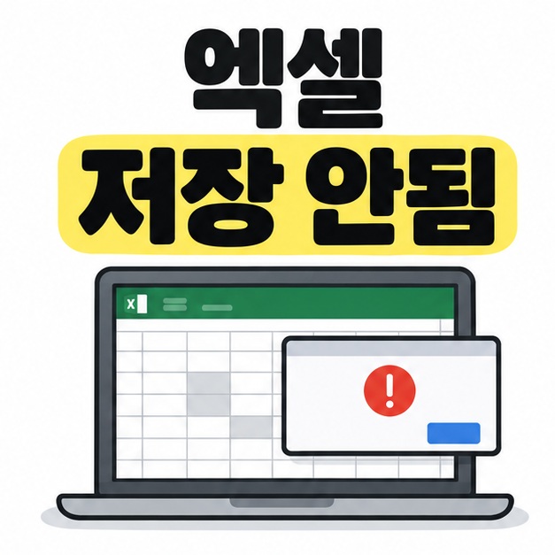 엑셀 저장 안됨 제목 아래에 표가 열린 노트북과 빨간 느낌표가 있는 오류 알림창을 배치한 대표 이미지