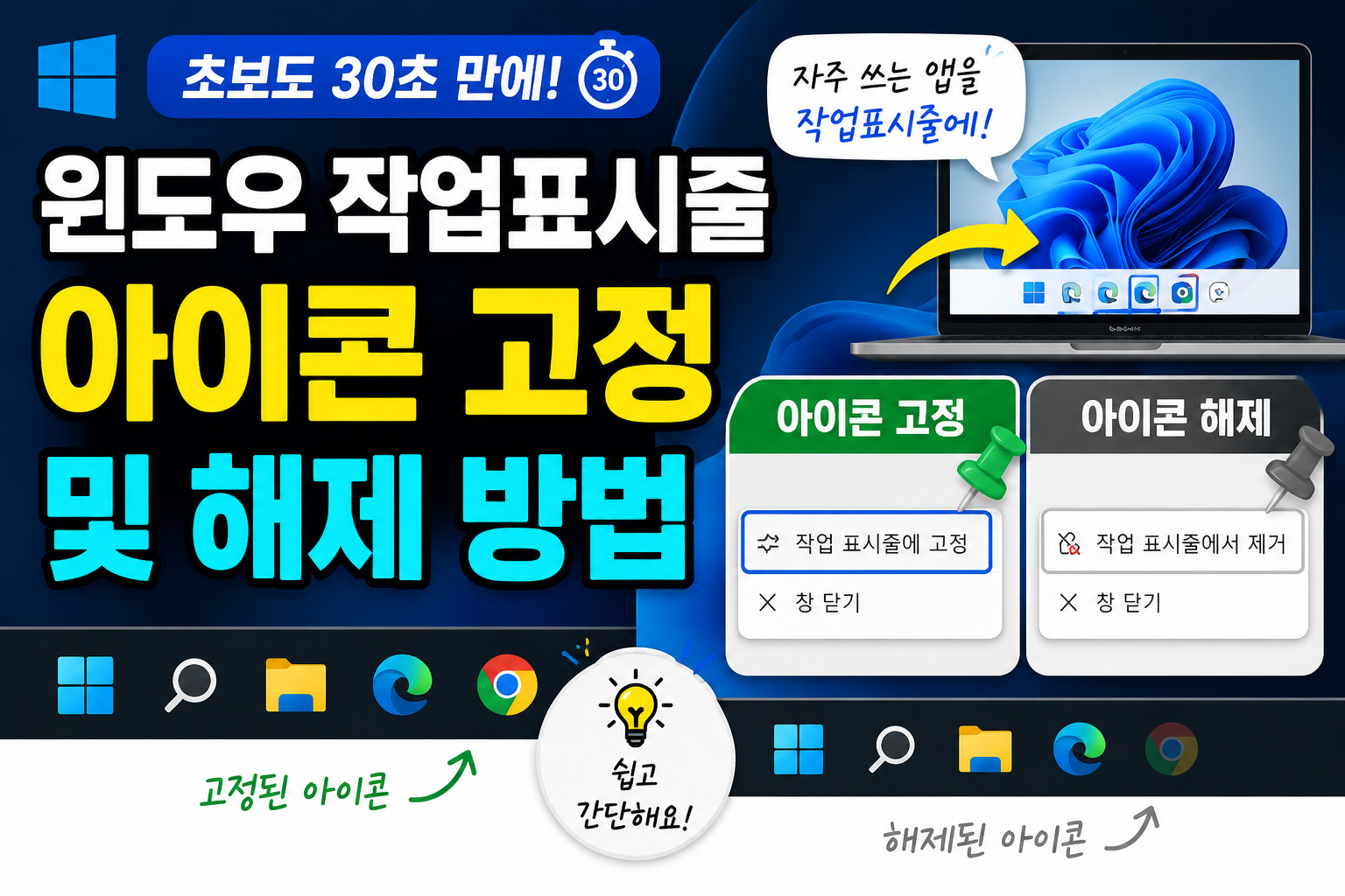 윈도우 작업표시줄 아이콘 고정 및 해제 방법