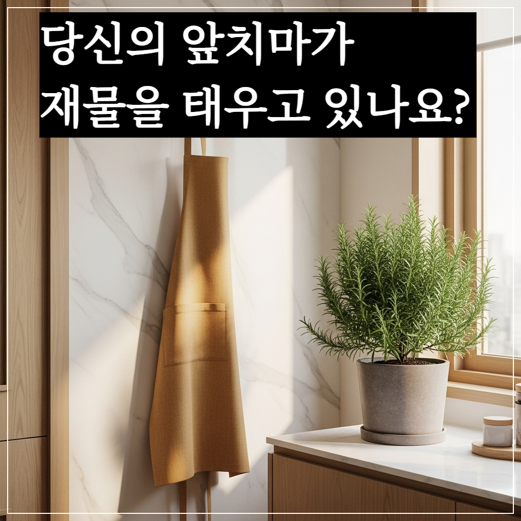 풍수적으로 재물운을 보존하고 화기를 막아주는 샌드 옐로우 컬러 린넨 앞치마가 걸린 현대적인 주방 인테리어 모습