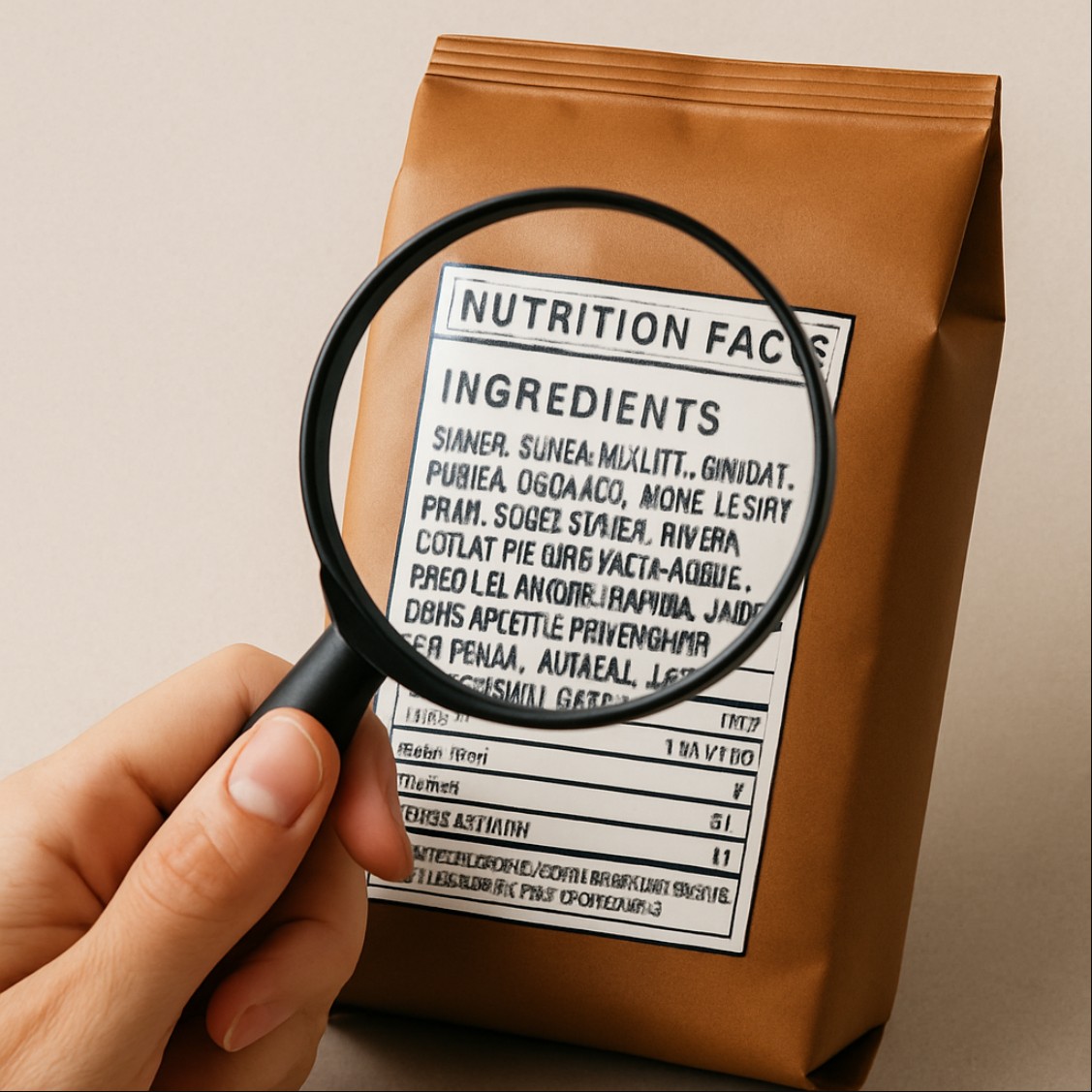 원재료명 라벨을 돋보기로 확인하는 장면