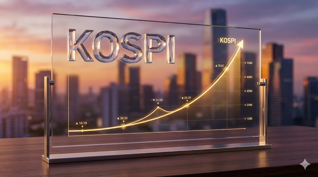 코스피 지수 상승 그래프와 삼성전자, SK하이닉스 등 주요 AI 반도체 관련주 분석 데이터 인포그래픽
