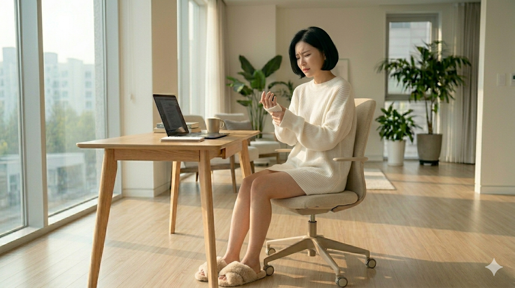 손목 터널 증후군 초기증상으로 손목을 주무르는 여성