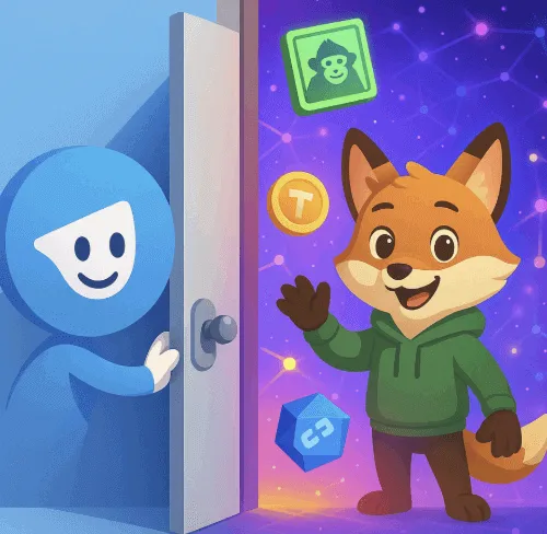 ‘TON 지갑의 Web3 입문’을 주제로 한 픽사풍 스타일의 대표 이미지. Telegram 캐릭터가 문을 열자 Tonkeeper 여우 캐릭터가 Web3 세계로 손짓하며 반기고 있으며, NFT, 토큰, DApp 아이콘들이 문 너머에 떠 있음. 이 이미지는 블로그 글의 핵심 주제인 Tonkeeper를 통한 Telegram 기반 Web3 진입 흐름을 시각적으로 설명함 (Tonkeeper, TON Wallet, Telegram, Web3 gateway illustration)