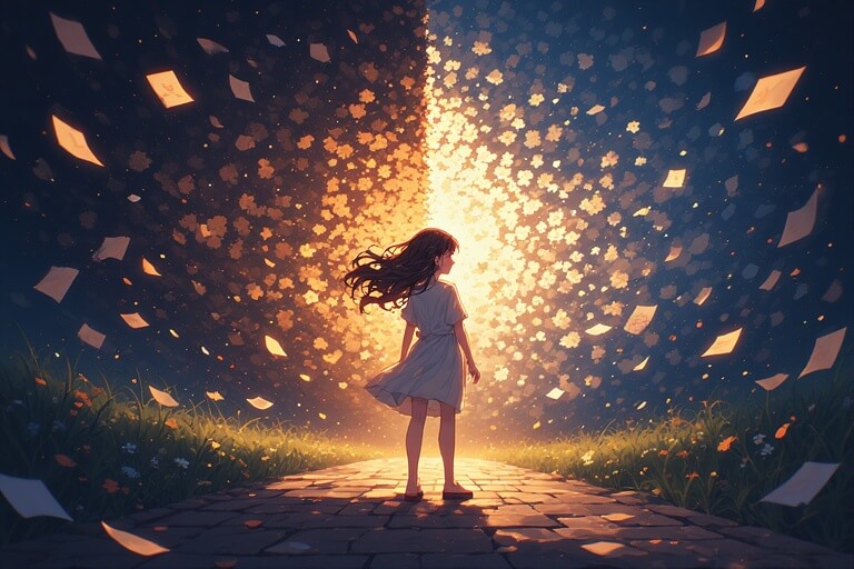 차가움에서 따뜻함으로 나아가는 소녀 일러스트