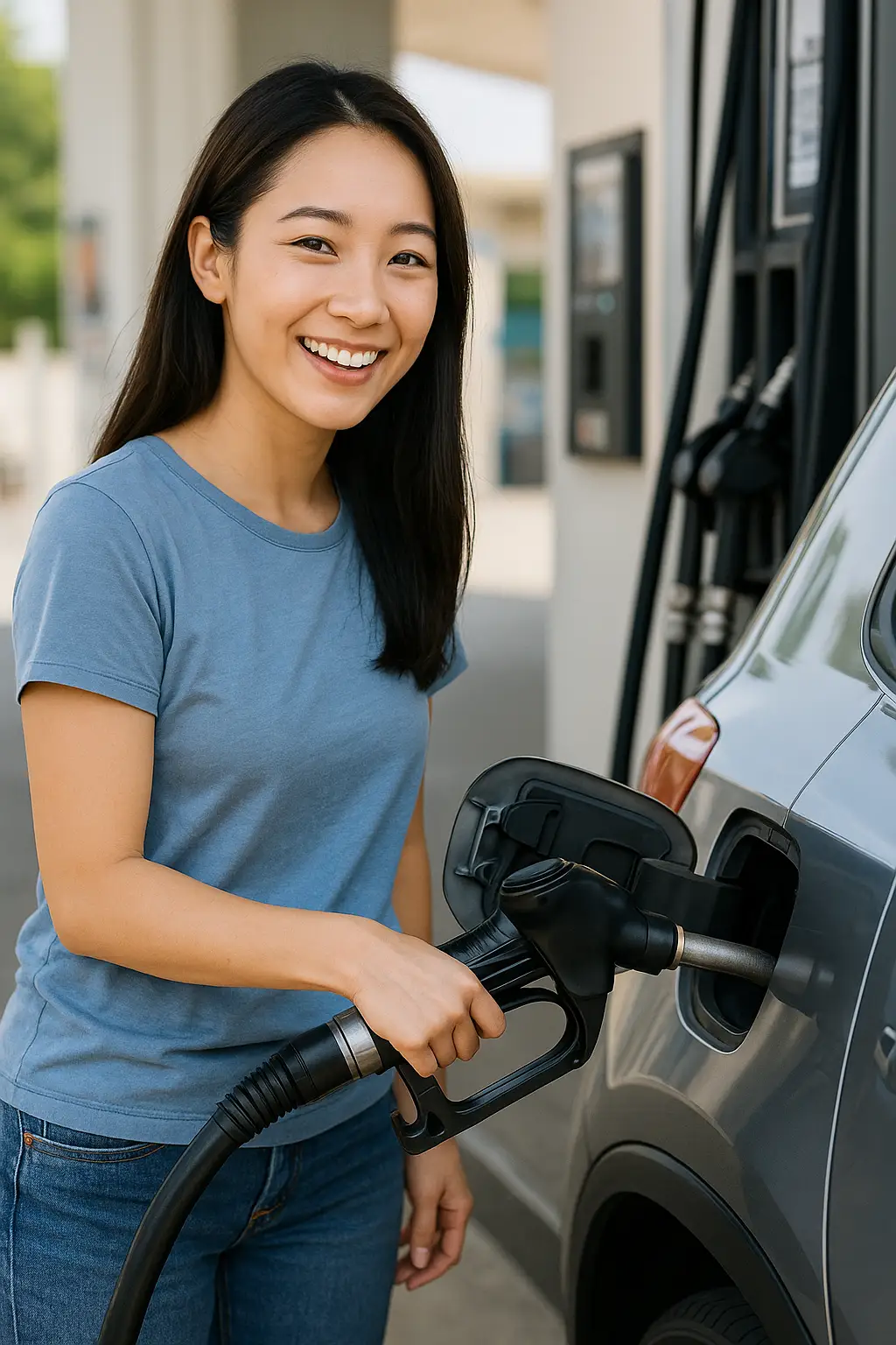 주유소에서 차량에 직접 주유 중인 여성