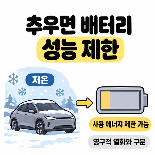 저온의 전기차에서 일부만 노란색으로 채워진 배터리 그림으로 이어지며 사용 에너지 제한 가능성과 영구적 열화의 구분을 안내한 그림
