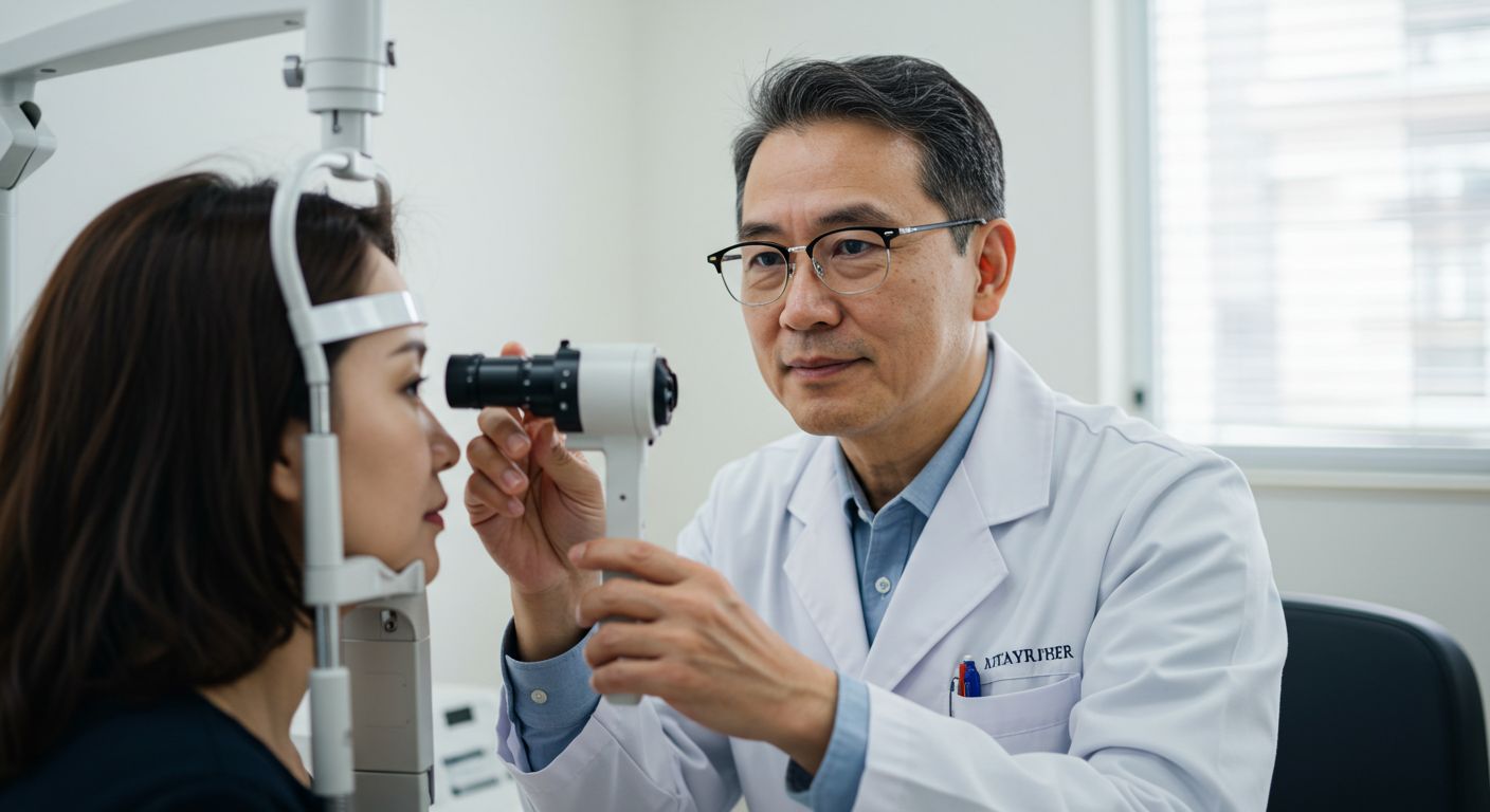 한 여성이 시력검사를 받고 있다