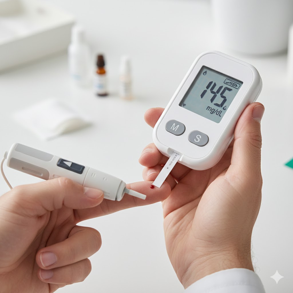 혈당계로 혈당 측정하는 모습