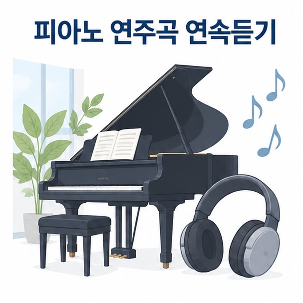 피아노 연주곡 연속듣기와 헤드폰, 피아노 건반을 함께 보여주는 음악 감상 안내 이미지