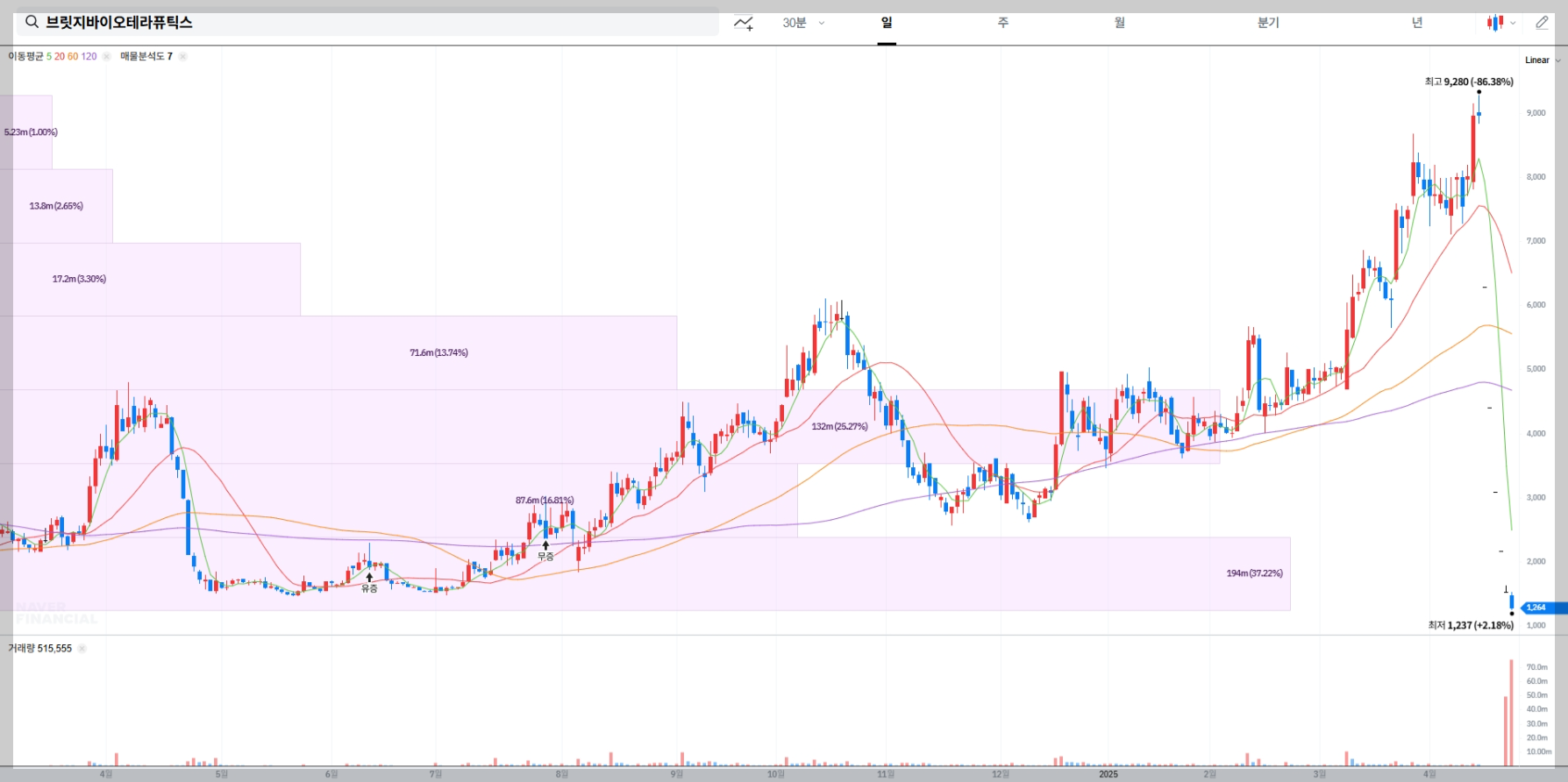 브릿지바이오테라퓨틱스 매물대 차트