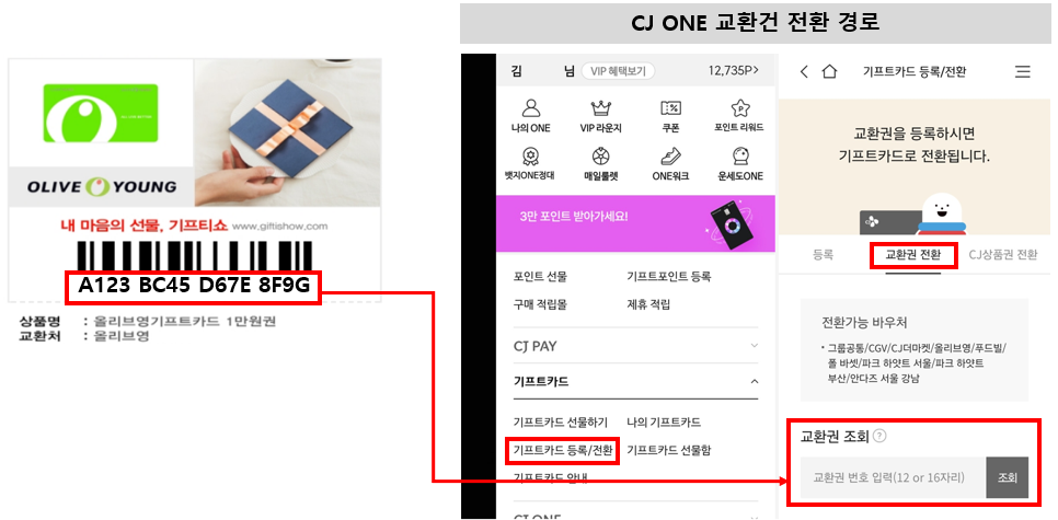 올리브영 cjone 교환권 등록방법
