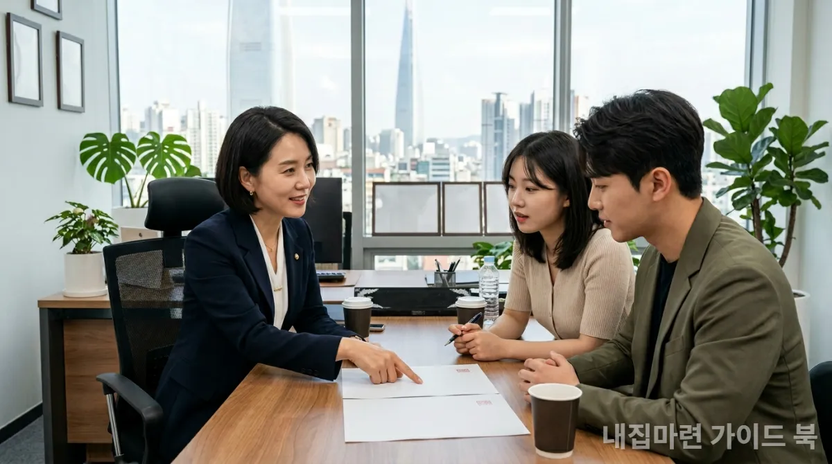 공인중개사가 젊은 부부에게 전세 계약을 설명하는 모습