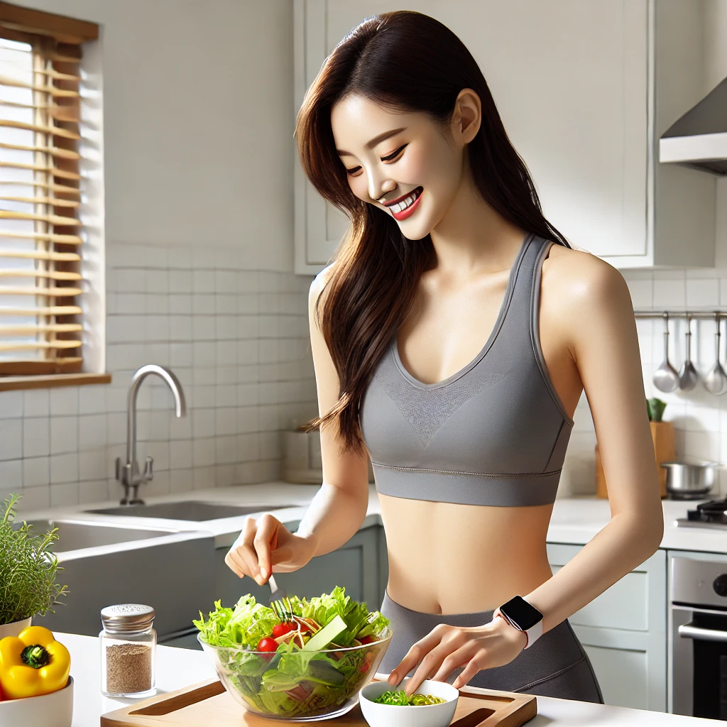 운동복을 입고 주방에서 건강한 샐러드를 준비하며 미소 짓는 젊은 여성