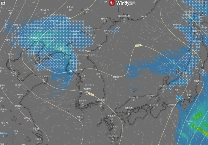 윈디닷컴-ECMWF-비-비구름-예측-모델-2022년-1월31일-21시-사진