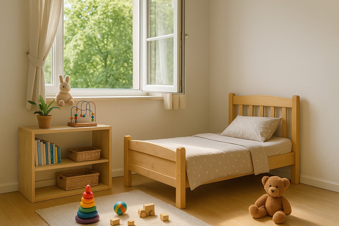 햇살이 들어오는 창문이 열린 아이 방