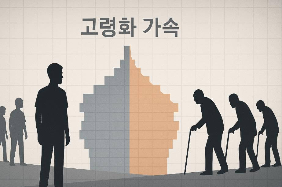 고령 인구 증가와 출산율 하락 그래프를 보여주는 이미지