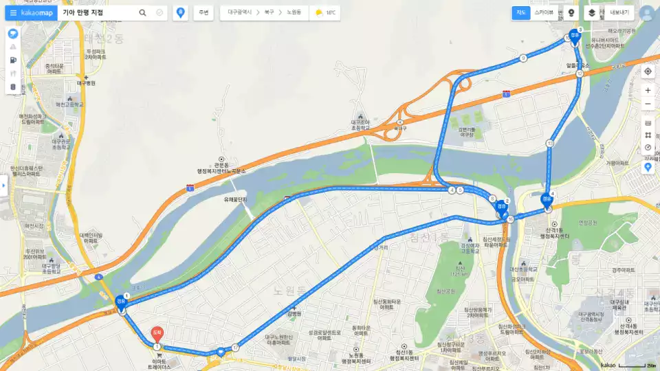 더 뉴 레이로 달렸던 시승 코스를 카카오맵으로 캡처했습니다.