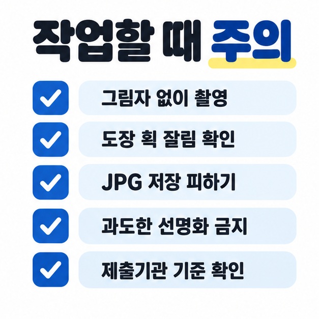 그림자 없이 촬영하고 도장 획 잘림과 저장 형식을 확인하며 제출용 기준까지 점검하는 팁을 정리한 카드