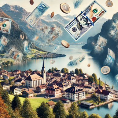 스위스 풍경 사진에 돈 모양 사진이 합성됨