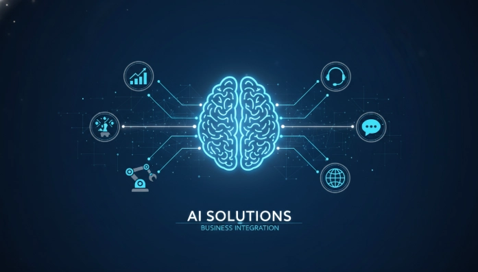 AI 솔루션 도입을 통해 비즈니스 경쟁력을 강화하는 중소기업을 상징하는 이미지. 인공지능이 다양한 사업 분야에 통합되는 모습입니다.