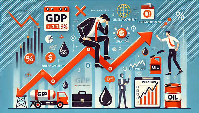 스태그플레이션을 설명하는 이미지로, 경기 침체와 물가 상승을 나타내는 그래프, 실업률 증가, 원유 가격 상승 등의 요소가 포함됨