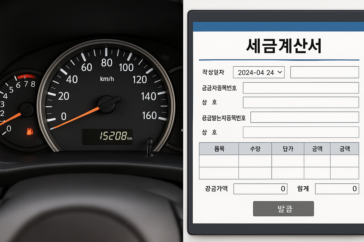 자동차 계기판과 세금 계산서 화면