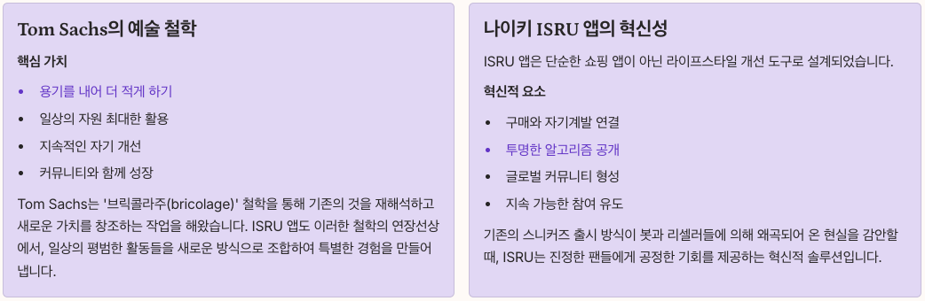 Nike ISRU와 Tom Sachs ISRU의 철학 섹션 정리 이미지