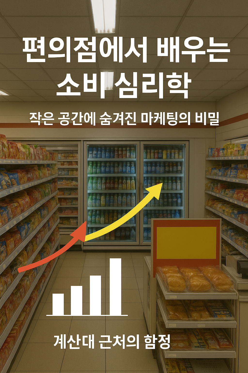 '편의점에서 배우는 소비 심리학' 제목의 이미지. 편의점 내부 배경 위로 우상향하는 차트 막대와 화살표가 합성되어 있으며, '작은 공간에 숨겨진 마케팅의 비밀'과 '계산대 근처의 함정'이라는 문구가 있다.