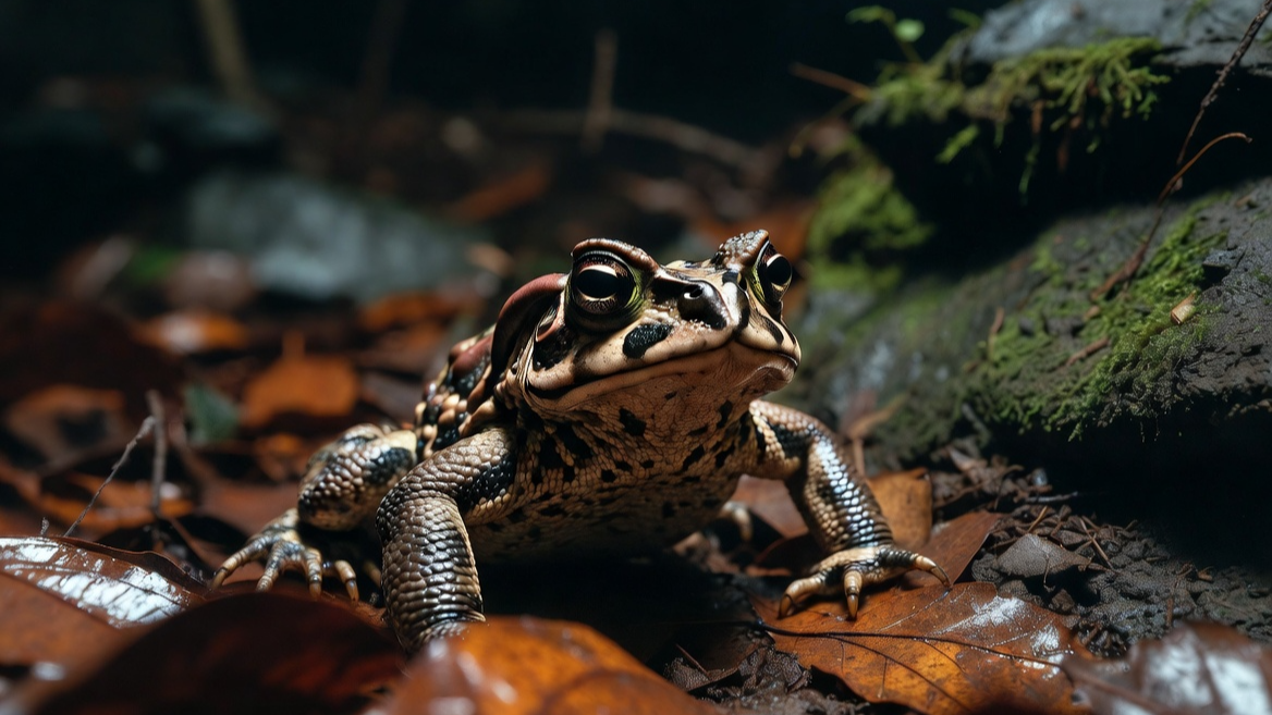 숲속 낙엽과 이끼 사이에서 위장 중인 두꺼비의 모습