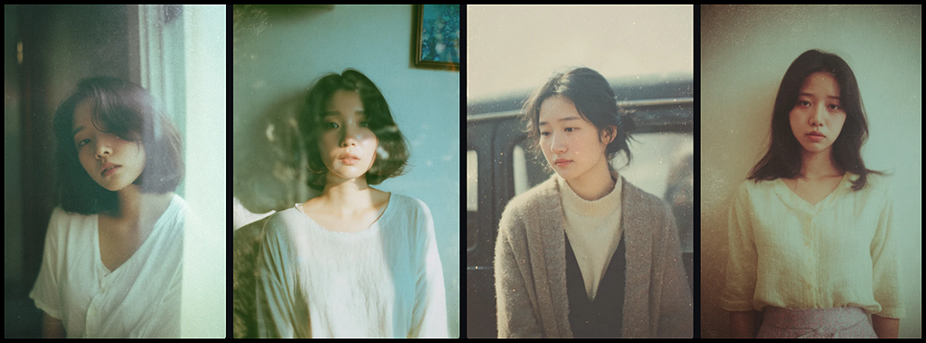 P 코드 기반 인물 포트레이트에 analog film texture와 nostalgic mood를 얹어, 확산광과 빛바랜 톤이 더 또렷해진 감성 강화 결과 이미지_Midjourney